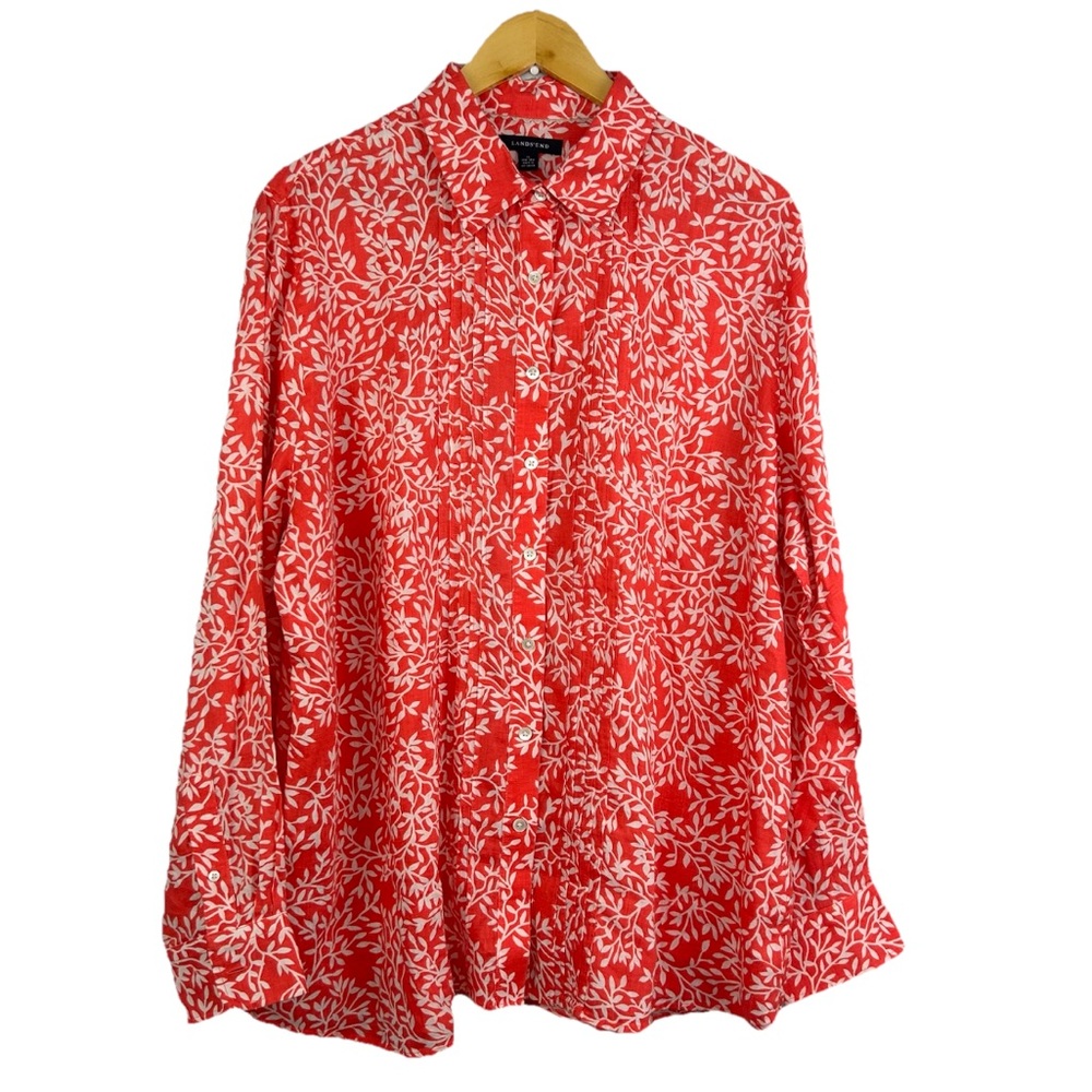Lands’End 100% linen bottom down shirt  1X orange and White Leaf Print pintuck